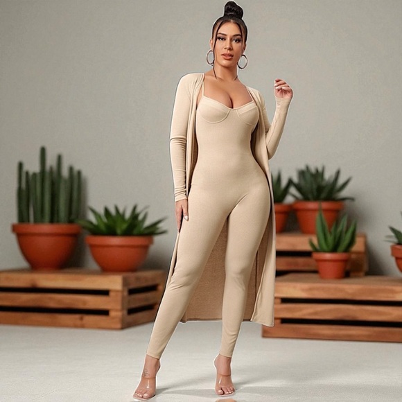 New 2 PIECE Apricot Rib-Knit Form Fitting Cami Jumpsuit With Long Cardigan - Picture 2 of 16